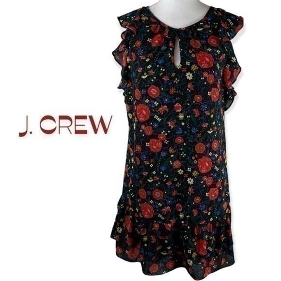 J Crew Black Red Bold Floral Print Ruffle Cottage Dress NWOT Sie XXS - Picture 2 of 12
